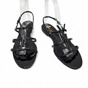 Saint Laurent YSL Cassandra Flat Strap Sandal Black Patent Leather Size 37 US 7